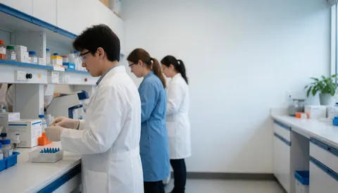 Trois professionnels en laboratoire clinique portent gants et lunettes et manipulent des tubes sur une table blanche avec étagères bleues sous lumière naturelle.