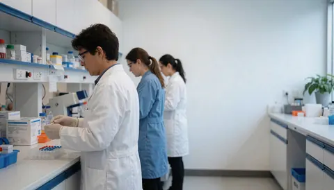 Trois professionnels en laboratoire clinique portent gants et lunettes et manipulent des tubes sur une table blanche avec étagères bleues sous lumière naturelle.