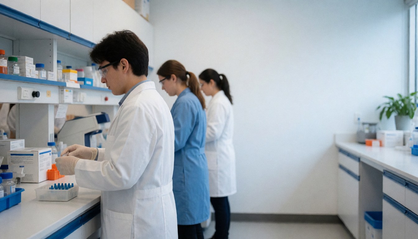 Trois professionnels en laboratoire clinique portent gants et lunettes et manipulent des tubes sur une table blanche avec étagères bleues sous lumière naturelle.