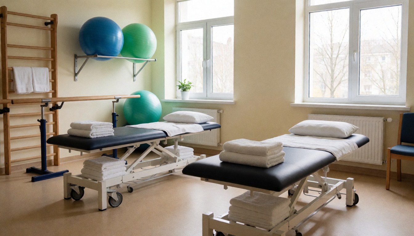 Espace de traitement propre et moderne avec deux tables, ballons, barres parallèles et serviettes, éclairé par la lumière naturelle des fenêtres.