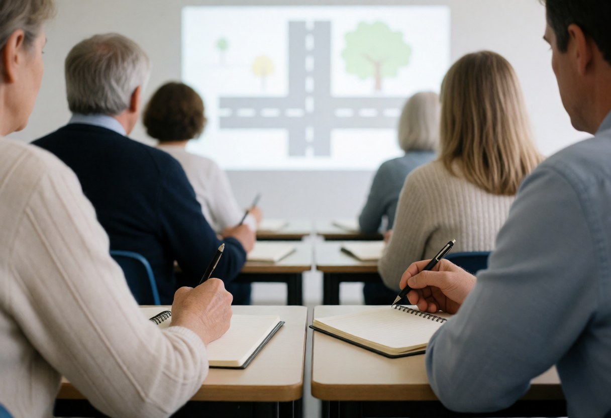 Étudiants adultes en formation théorique pour permis de conduire, prenant des notes dans des cahiers devant un écran de projection affichant un schéma routier.