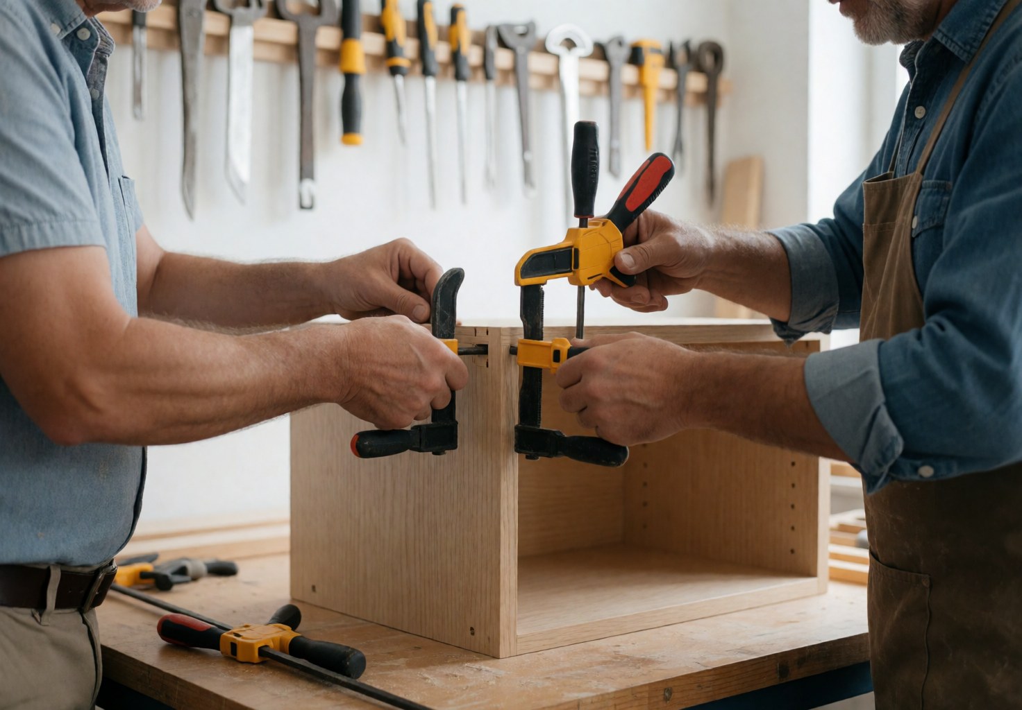 Un artisan assemble un meuble personnalisé en utilisant des serre-joints et des outils de menuiserie dans son atelier.