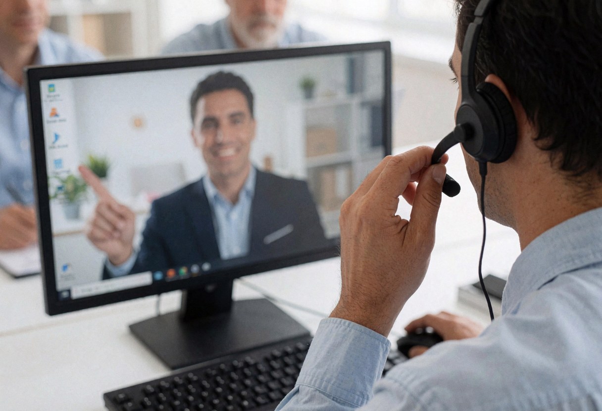 Un technicien de support portant un casque, concentré sur son écran d'ordinateur dans un environnement de bureau moderne.