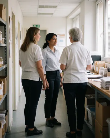 Trois professionnelles en tenue de travail marchent et échangent des idées dans un couloir lumineux d'un espace de travail contemporain, entourées de documents et de rangements.