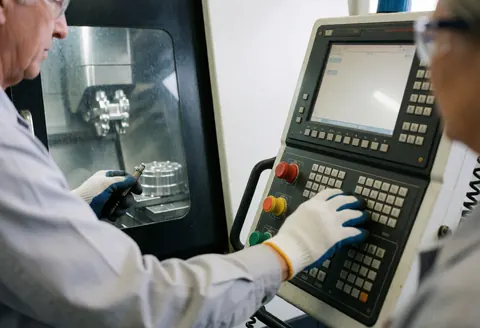 Un opérateur portant des gants et des lunettes de sécurité utilise une machine CNC dans un atelier industriel, avec une pièce métallique visible à travers la fenêtre.