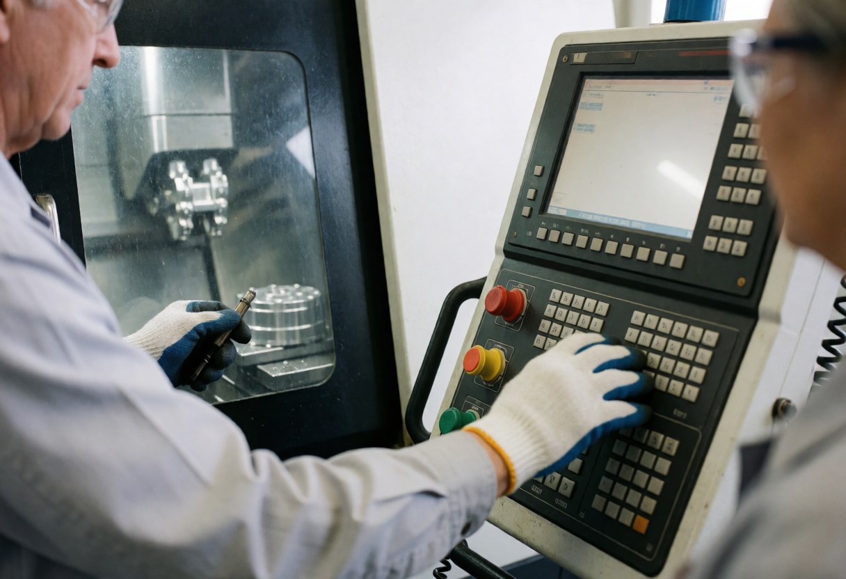 Un opérateur portant des gants et des lunettes de sécurité utilise une machine CNC dans un atelier industriel, avec une pièce métallique visible à travers la fenêtre.