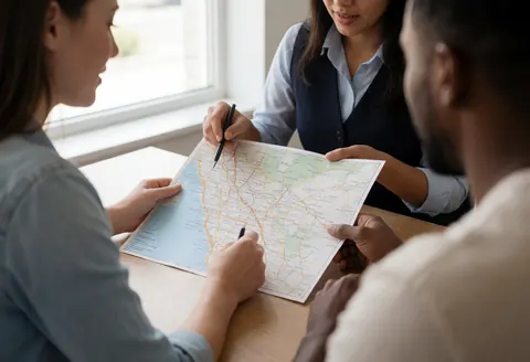 Agent de voyage discutant avec un client dans un bureau lumineux, utilisant une carte et des documents pour planifier un itinéraire.