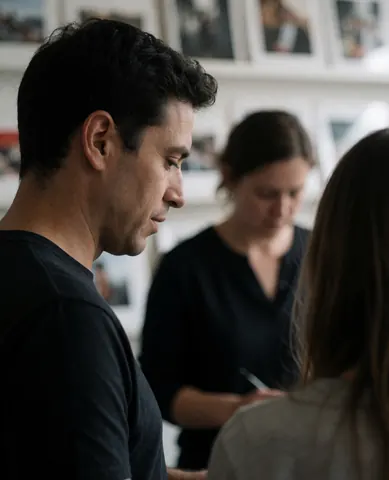 Un photographe examine des impressions photo dans un studio, tandis qu'un collègue travaille en arrière-plan parmi les équipements et les murs couverts de clichés.
