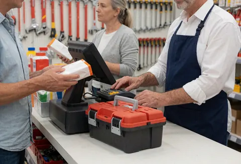 Vue rapprochée d'une caisse enregistreuse sur un comptoir avec des outils suspendus en arrière-plan dans un magasin de bricolage.