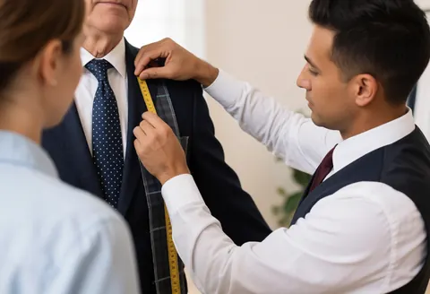 Un tailleur professionnel utilise un mètre ruban pour mesurer un costume sur un client dans un magasin de vêtements pendant qu'un autre client observe.