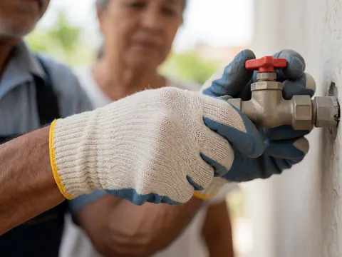 Un plombier portant des gants ajuste une vanne d'eau sur un mur extérieur en lumière naturelle avec un fond flou.