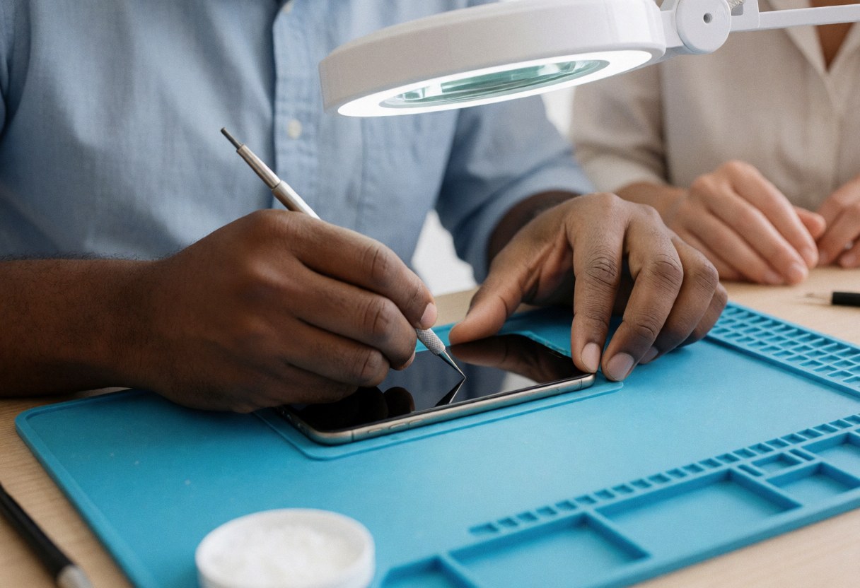 Un technicien effectue la réparation d'un smartphone en utilisant des outils de précision sur une surface de travail équipée d'une loupe et d'un tapis antidérapant.