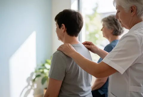 Un thérapeute effectue un massage de l'épaule sur un client dans un environnement de spa moderne baigné de lumière naturelle.