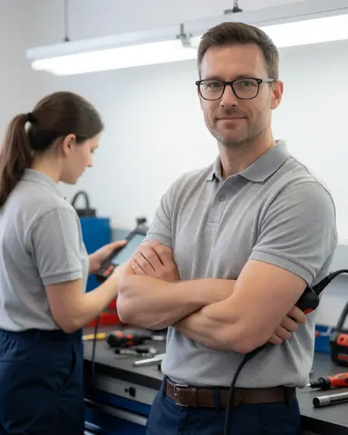 Un technicien homme portant des lunettes et une chemise polo tient un outil de diagnostic dans un atelier éclairé par des néons, tandis qu'une femme travaille avec une tablette en arrière-plan.