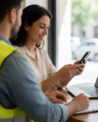 Une femme souriante consulte son téléphone dans un café éclairé par la lumière naturelle, avec un ordinateur et des documents sur la table.