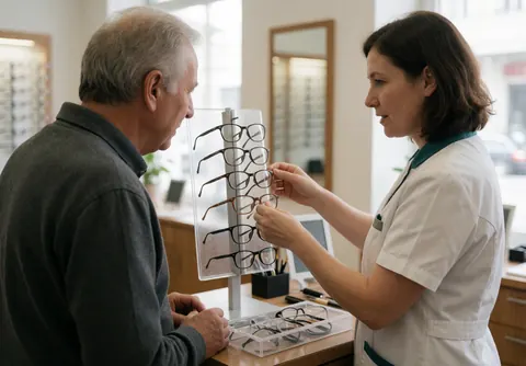 Présentation du service en action au sein d'un magasin d'optique, illustrant l'accompagnement client et la consultation professionnelle.