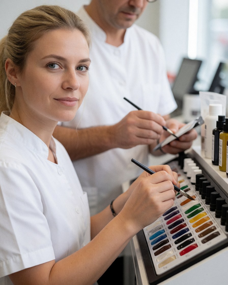 Une coloriste professionnelle travaille dans un studio avec des outils de mélange pour la couleur des cheveux.