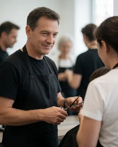 Un coiffeur portant un tablier noir coupe les cheveux d'une cliente à l'aide de ciseaux, tandis que d'autres personnes travaillent en arrière-plan dans le salon.
