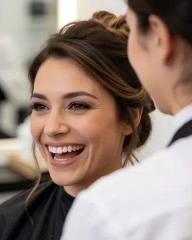 Une cliente sourit pendant que la coiffeuse ajuste les dernières mèches de sa chevelure attachée dans un salon de beauté.