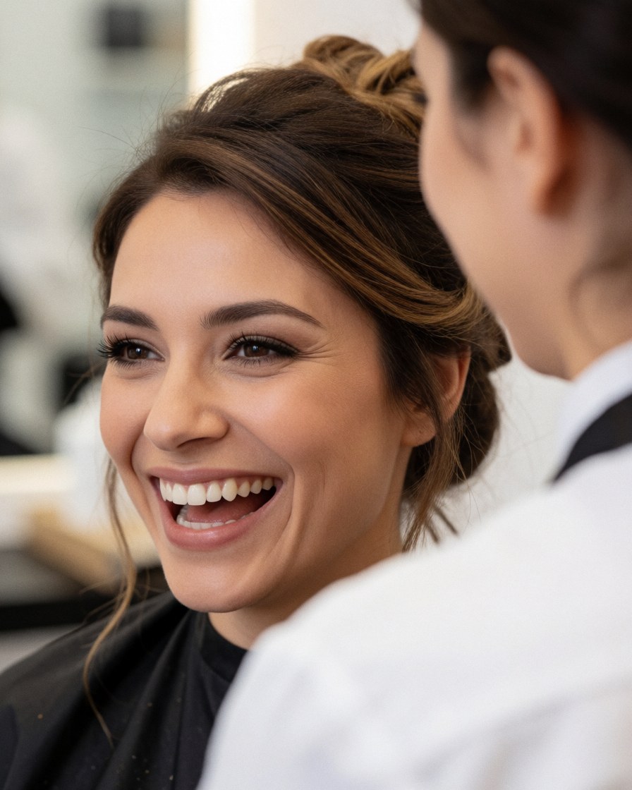 Une cliente sourit pendant que la coiffeuse ajuste les dernières mèches de sa chevelure attachée dans un salon de beauté.