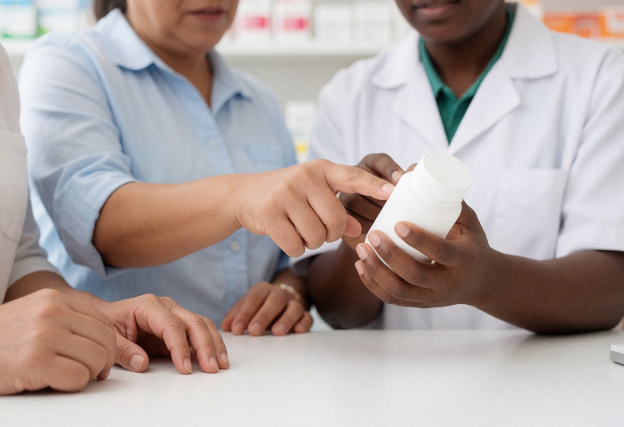 Un pharmacien professionnel explique en détail les caractéristiques d'un médicament à un client lors d'une consultation en pharmacie.
