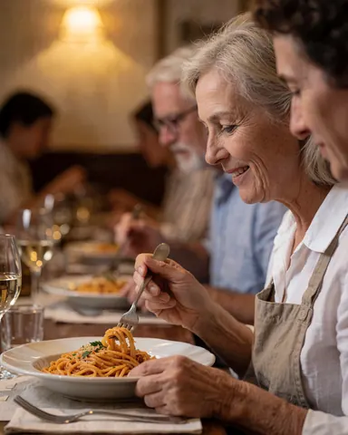 Une femme savoure des pâtes dans un restaurant italien. Une table avec du vin et de la nourriture est visible, avec d'autres personnes en arrière-plan.