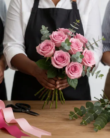Un fleuriste professionnel assemble soigneusement un beau bouquet en utilisant des roses rouges et du feuillage vert sur une table en bois.