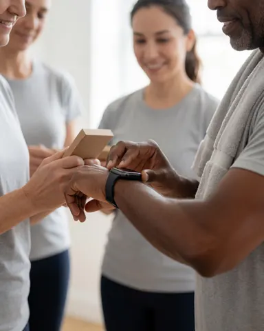 Un homme consulte son smartwatch dans un studio lumineux, avec des personnes souriantes en arrière-plan flou.