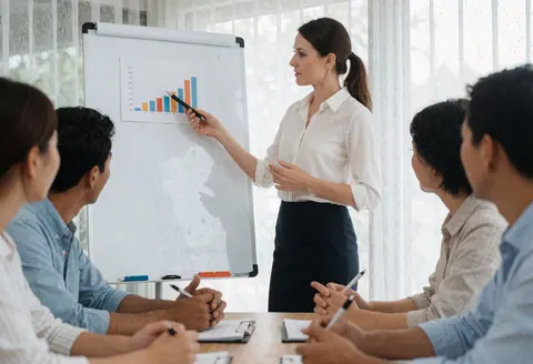 Une formatrice présente un atelier professionnel devant une salle attentive.