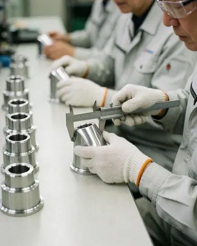Un inspecteur industriel mesure avec précision une pièce métallique à l'aide d'un pied à coulisse, portant des gants et des lunettes de sécurité sur une table propre.