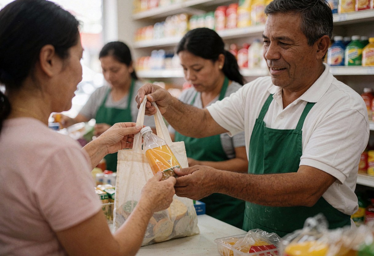 Un vendeur remet un sac rempli de produits à une cliente dans un minimarket tandis que d'autres employés travaillent en arrière-plan.