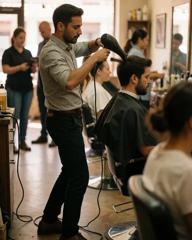 Un coiffeur utilise un sèche-cheveux pour sécher les cheveux d'un client assis dans un salon de coiffure professionnel.