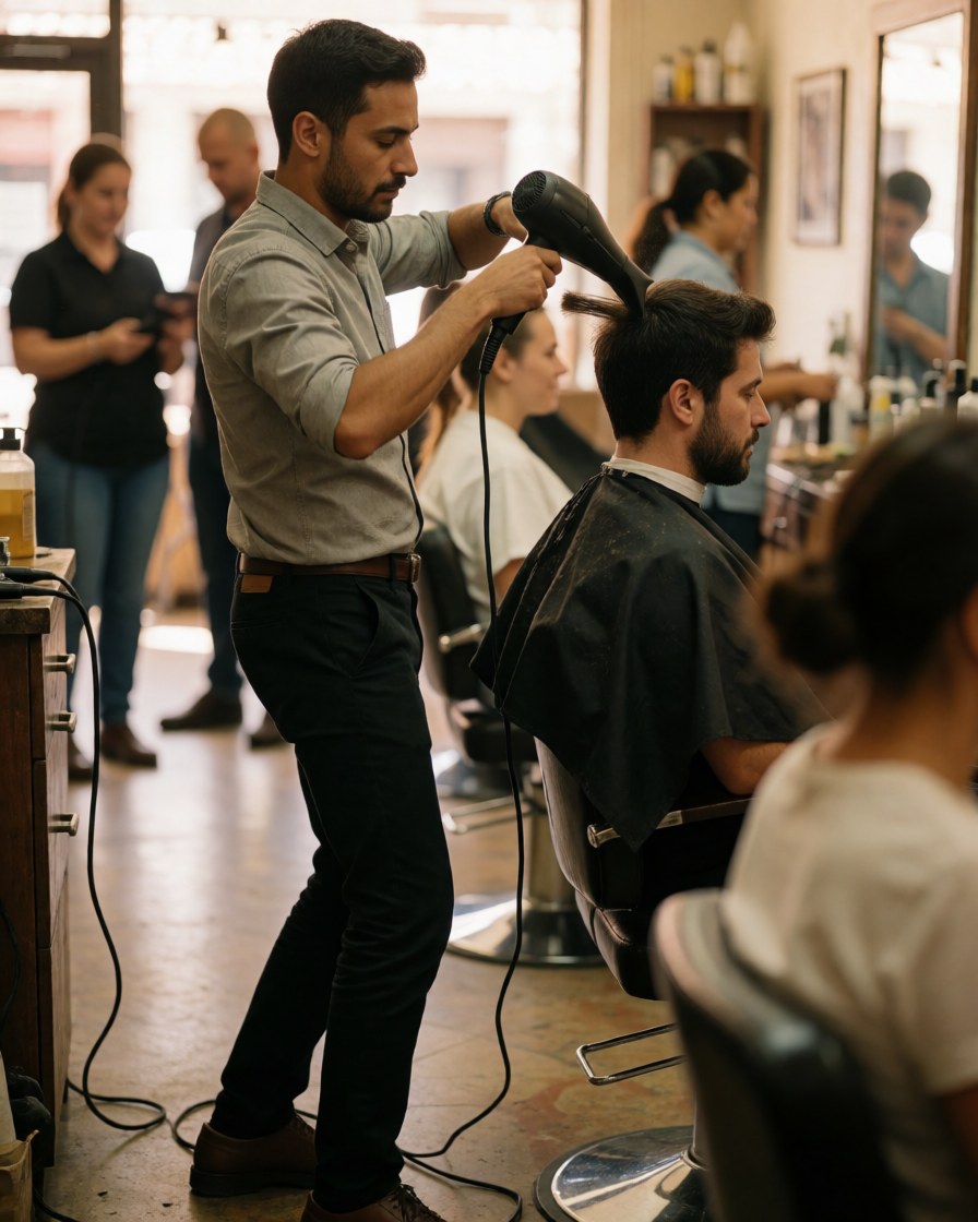 Un coiffeur utilise un sèche-cheveux pour sécher les cheveux d'un client assis dans un salon de coiffure professionnel.