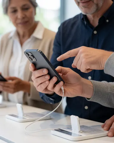 Un assistant montre une fonctionnalité du téléphone à un client dans un magasin moderne, avec les mains en premier plan et le dispositif connecté à un câble.