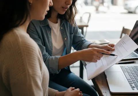Une consultante en réunion avec un client pour examiner et expliquer les détails d'un contrat professionnel dans un cadre de travail informel.