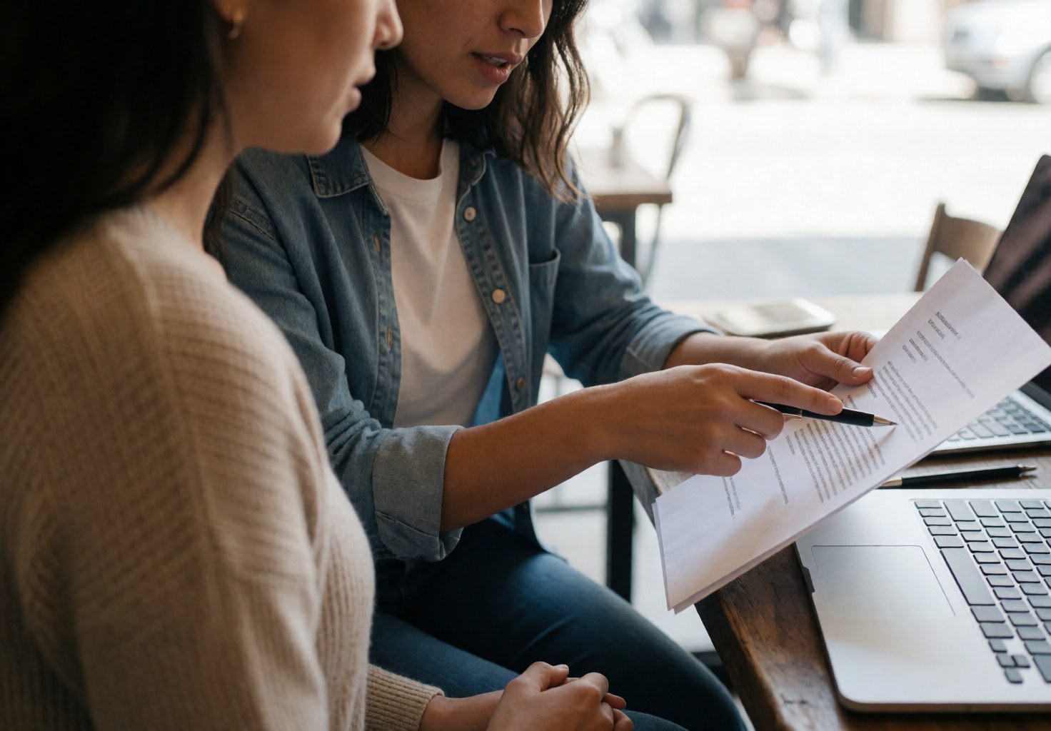 Une consultante en réunion avec un client pour examiner et expliquer les détails d'un contrat professionnel dans un cadre de travail informel.