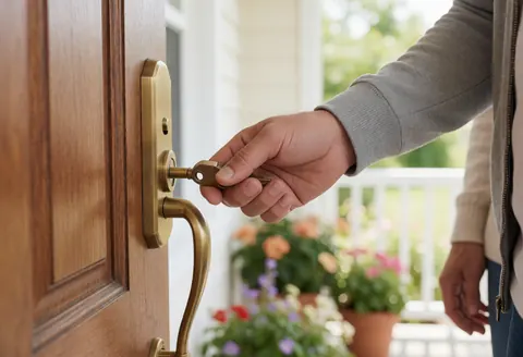 Une main adulte insère une clé dans la serrure d'une porte en bois clair avec une poignée en bronze, sur un fond de jardin flou et ensoleillé.