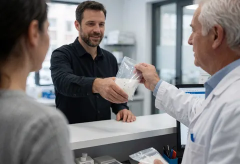 Un technicien de laboratoire remet un sac contenant un échantillon à un professionnel au comptoir d'un laboratoire clinique moderne.