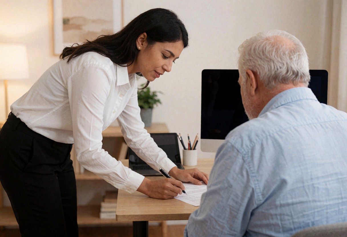 Un banquier professionnel assiste un client chez lui pour expliquer des documents financiers sur un bureau avec ordinateur et téléphone.