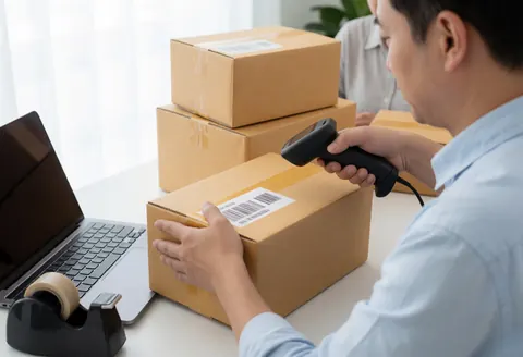 Un vendeur utilise un lecteur de code-barres pour scanner une boîte d'expédition sur un bureau avec un ordinateur portable et du ruban adhésif dans un bureau bien éclairé.
