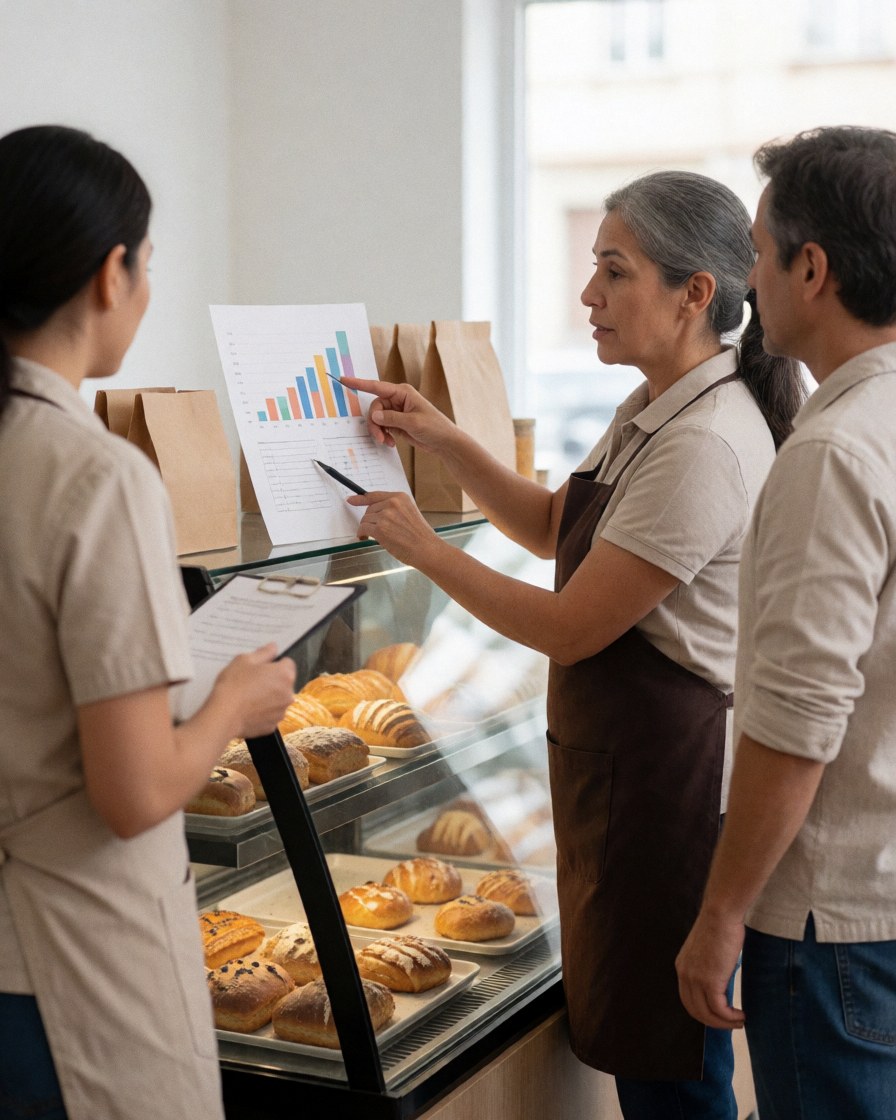 Une boulangère en tablier présente un graphique de ventes à deux collègues près d'une vitrine remplie de pains, illustrant le travail d'équipe.