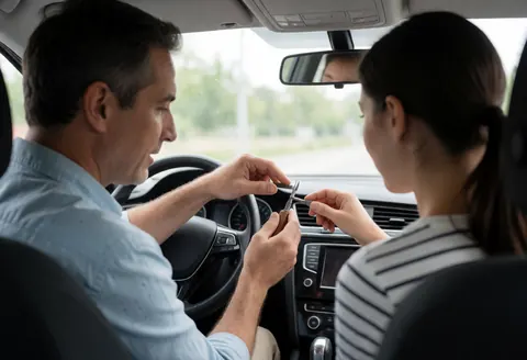 Vue intérieure d'une voiture pendant une leçon de conduite avec l'instructeur et l'élève.