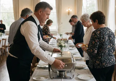 Un serveur en tenue formelle sert des plats sur une longue table dressée pour un événement, avec des chafing dishes et des fleurs.
