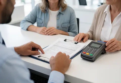 Un client réalise un paiement via une terminal sur une table blanche, tandis qu'un employé vérifie un document dans un bureau moderne et épuré.