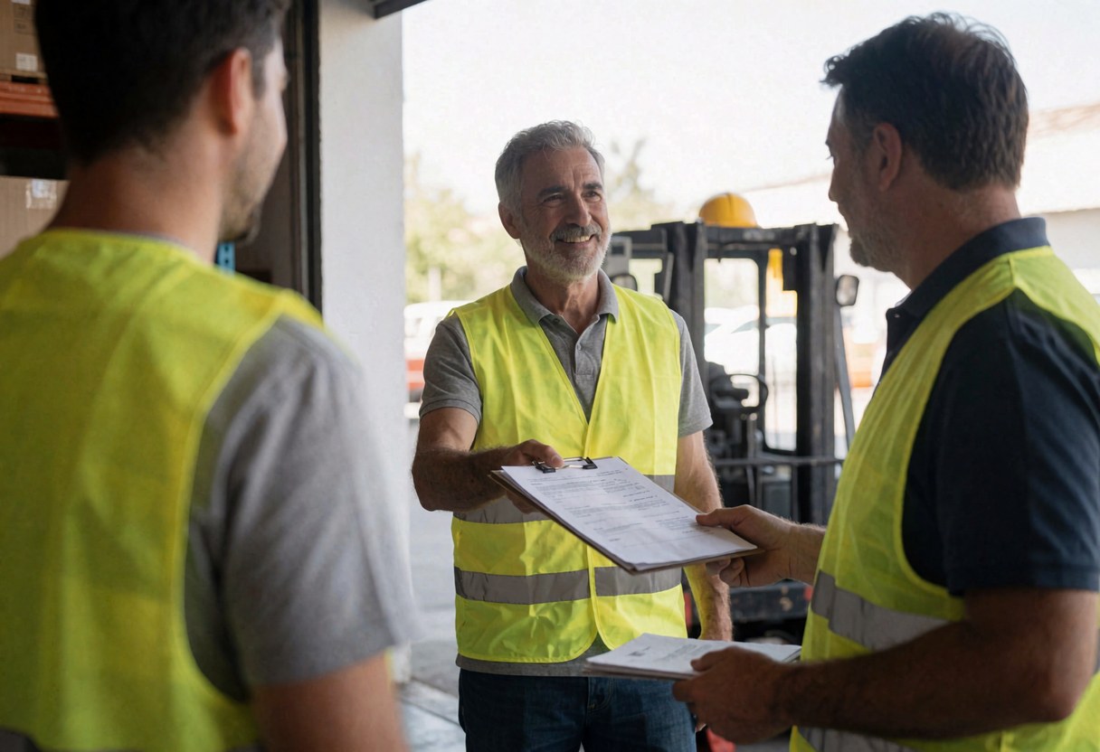 Trois hommes en gilets jaunes échangent des documents dans un entrepôt. L'un sourit en remettant un bon de livraison, illustrant un service logistique en action.