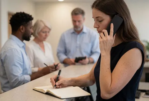 Une professionnelle travaille au téléphone dans un bureau, prenant des notes pour assurer un service client efficace.