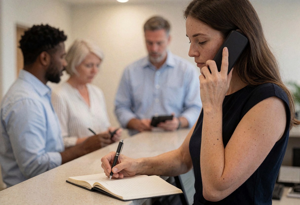 Une professionnelle travaille au téléphone dans un bureau, prenant des notes pour assurer un service client efficace.