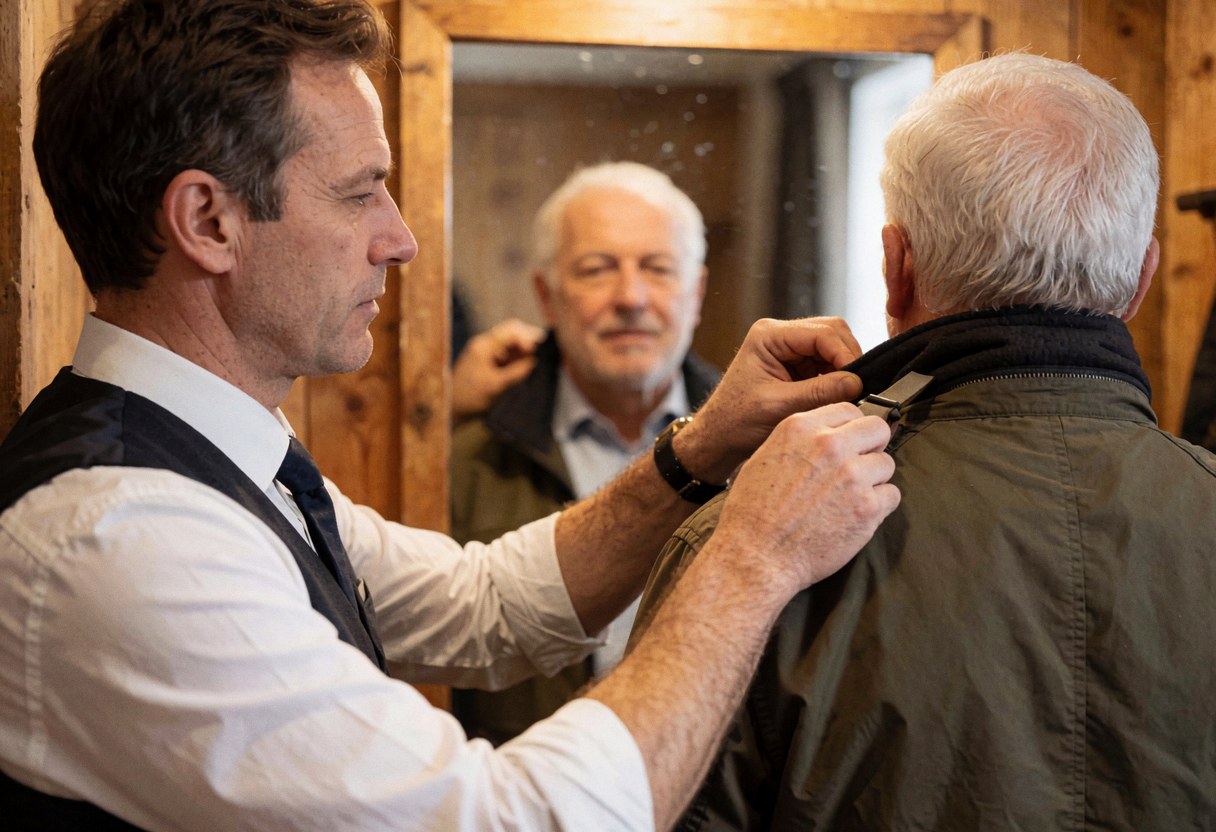 Un vendeur ajuste le col d'une veste pour un client devant un miroir dans un magasin aux tons boisés et à l'éclairage chaleureux.