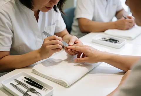 Une manucière en uniforme blanc utilise une lime à ongles sur un client, posée sur une serviette blanche dans un salon propre et professionnel.