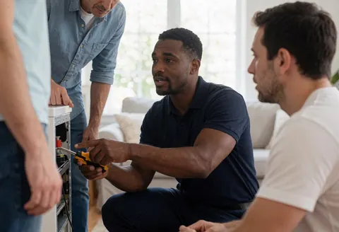 Un technicien en train d'expliquer les détails d'une réparation effectuée au sein d'un logement.